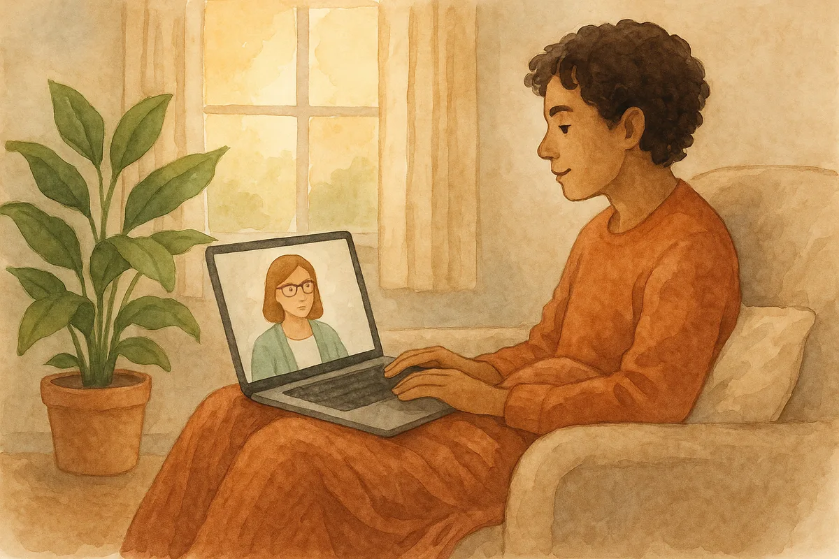 Watercolor illustration of a person sitting comfortably at home during an online therapy session